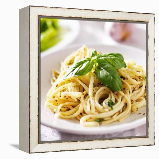Italian Pasta with Pesto Sauce close up Photo-evren_photos-Framed Premier Image Canvas