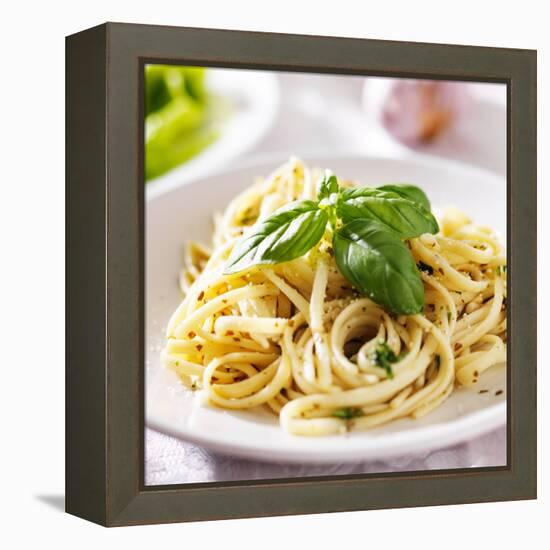 Italian Pasta with Pesto Sauce close up Photo-evren_photos-Framed Premier Image Canvas