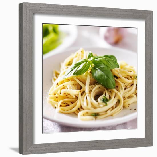 Italian Pasta with Pesto Sauce close up Photo-evren_photos-Framed Photographic Print