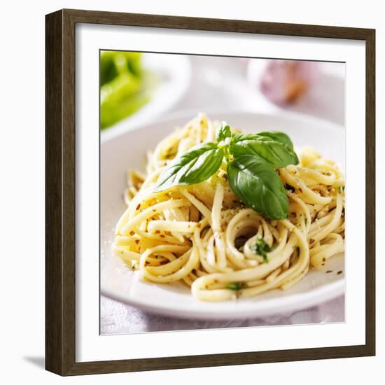 Italian Pasta with Pesto Sauce close up Photo-evren_photos-Framed Photographic Print