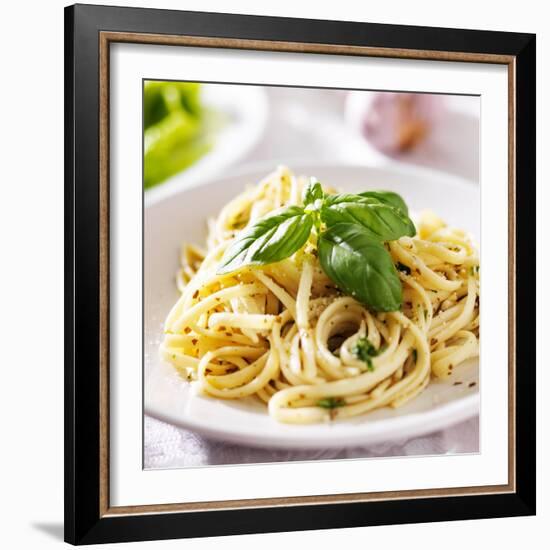 Italian Pasta with Pesto Sauce close up Photo-evren_photos-Framed Photographic Print