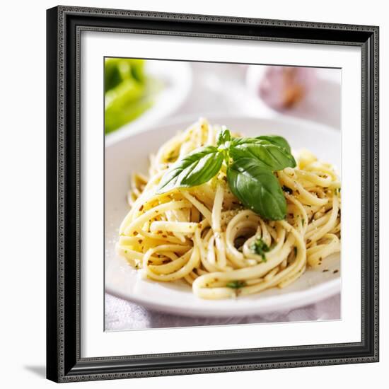 Italian Pasta with Pesto Sauce close up Photo-evren_photos-Framed Photographic Print