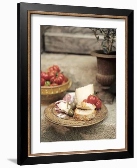 Italian Snack: Cheese, Hard Cured Sausage, Olives and Tomatoes-Eising Studio - Food Photo and Video-Framed Photographic Print