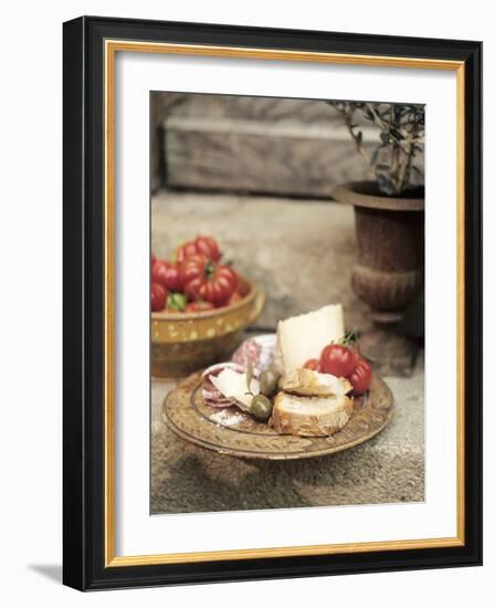 Italian Snack: Cheese, Hard Cured Sausage, Olives and Tomatoes-Eising Studio - Food Photo and Video-Framed Photographic Print