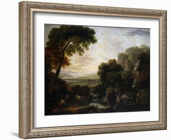 Italianate Landscape with a Capriccio View of Tivoli, a Shepherd and Shepherdess and Cattle-George the Elder Barret-Framed Giclee Print