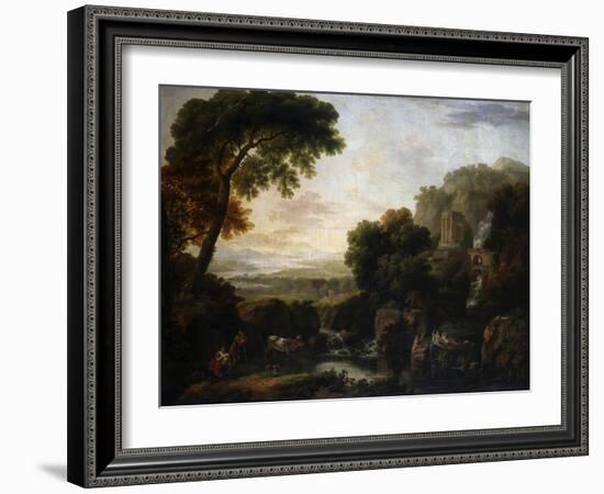 Italianate Landscape with a Capriccio View of Tivoli, a Shepherd and Shepherdess and Cattle-George the Elder Barret-Framed Giclee Print