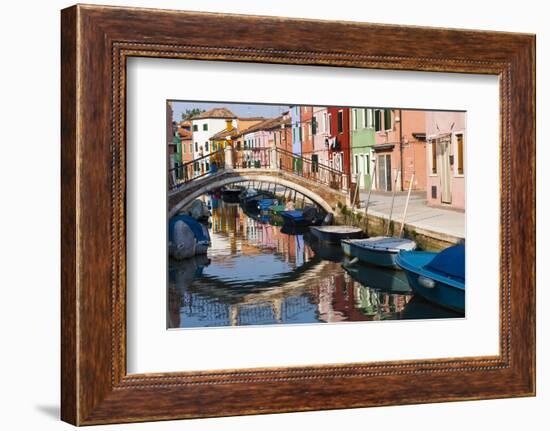 Italy, Burano, reflection of colorful houses in canal.-Merrill Images-Framed Photographic Print