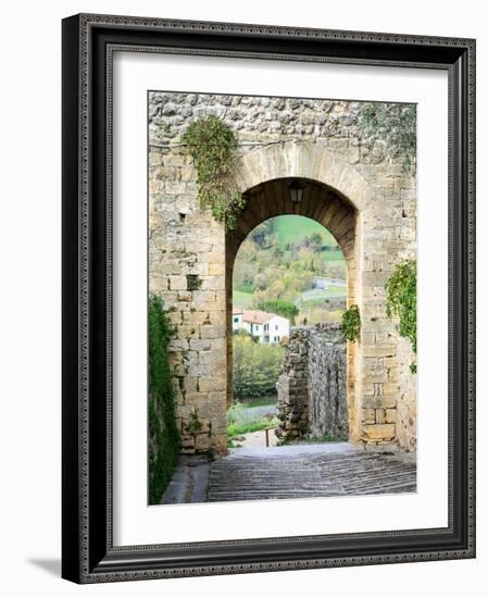 Italy, Chianti, Monteriggioni. Looking out an arched entrance into the walled town.-Julie Eggers-Framed Photographic Print
