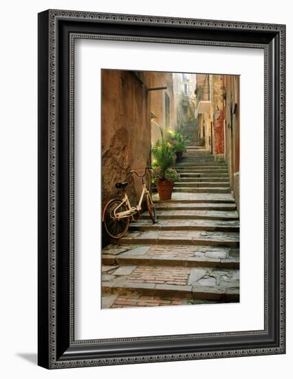 Italy, Cinque Terre, Monterosso. Bicycle and uphill stairway.-Jaynes Gallery-Framed Photographic Print