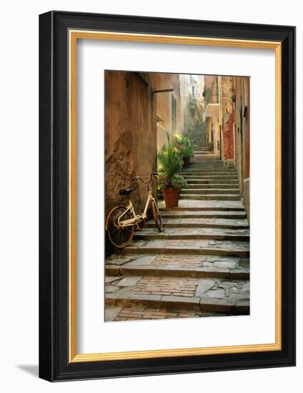 Italy, Cinque Terre, Monterosso. Bicycle and uphill stairway.-Jaynes Gallery-Framed Photographic Print