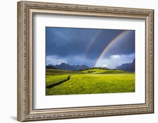 Italy, Dolomites, Alpi di Siusi. Double rainbow over mountain meadow.-Jaynes Gallery-Framed Photographic Print