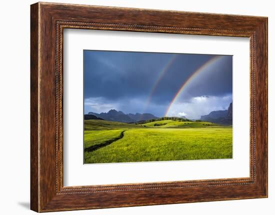 Italy, Dolomites, Alpi di Siusi. Double rainbow over mountain meadow.-Jaynes Gallery-Framed Photographic Print