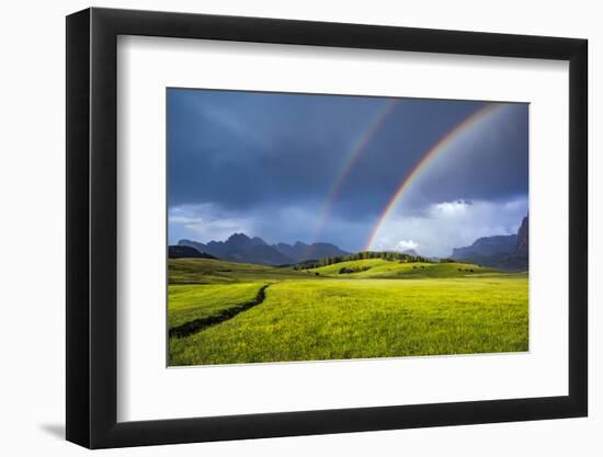 Italy, Dolomites, Alpi di Siusi. Double rainbow over mountain meadow.-Jaynes Gallery-Framed Photographic Print