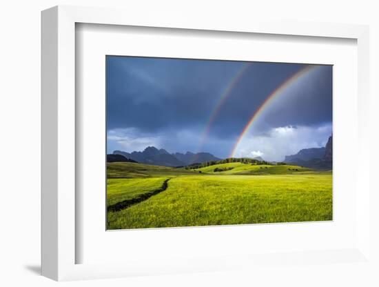 Italy, Dolomites, Alpi di Siusi. Double rainbow over mountain meadow.-Jaynes Gallery-Framed Photographic Print