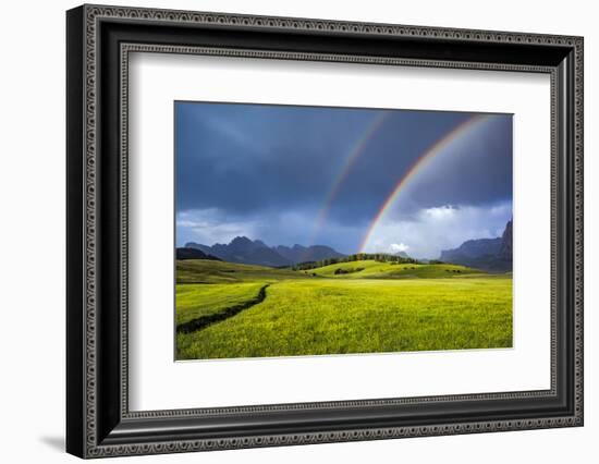 Italy, Dolomites, Alpi di Siusi. Double rainbow over mountain meadow.-Jaynes Gallery-Framed Photographic Print