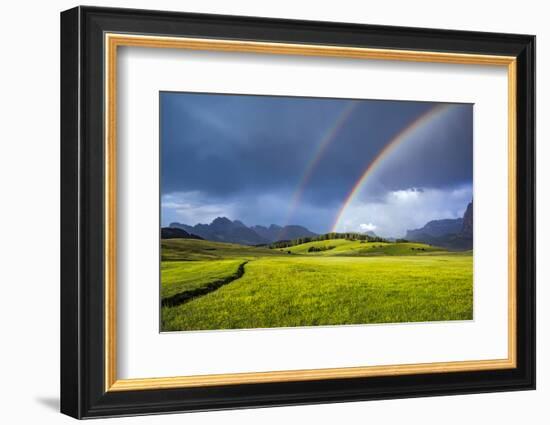 Italy, Dolomites, Alpi di Siusi. Double rainbow over mountain meadow.-Jaynes Gallery-Framed Photographic Print