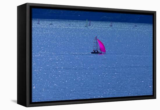 Italy, Lake Garda, Sailboat, Northern Italy, South Tirol, Lake, Waters, Boat, Sailing, Surfer-Chris Seba-Framed Premier Image Canvas