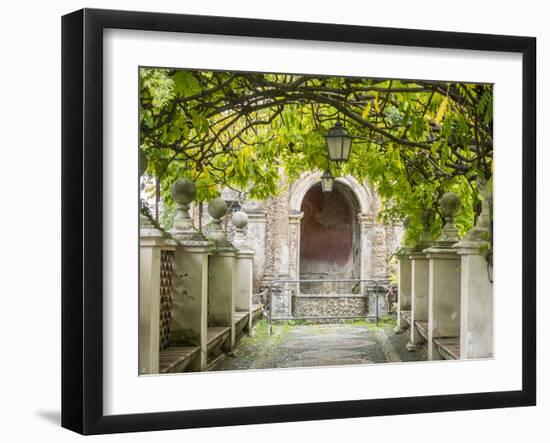 Italy, Lazio, Tivoli, Villa d'Este. Walkway in the gardens of Villa d'Este.-Julie Eggers-Framed Photographic Print