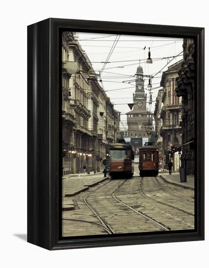 Italy, Lombardy, Milan, Milan Trams on Via Orefici with Castello Sforzesco, Dawn-Walter Bibikow-Framed Premier Image Canvas