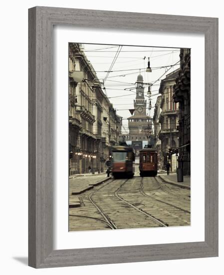 Italy, Lombardy, Milan, Milan Trams on Via Orefici with Castello Sforzesco, Dawn-Walter Bibikow-Framed Photographic Print