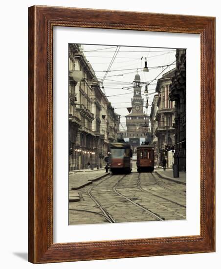 Italy, Lombardy, Milan, Milan Trams on Via Orefici with Castello Sforzesco, Dawn-Walter Bibikow-Framed Photographic Print