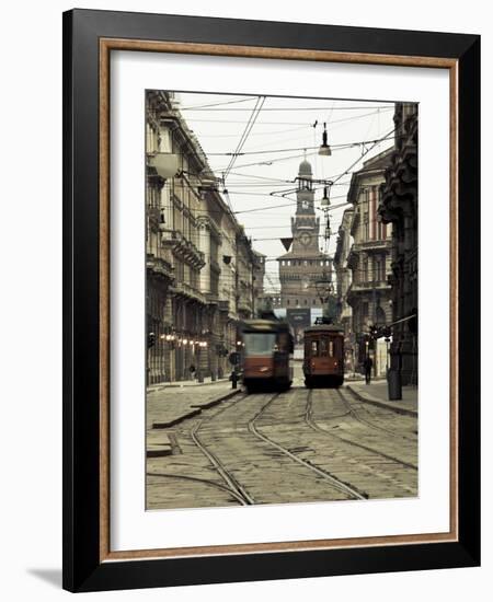 Italy, Lombardy, Milan, Milan Trams on Via Orefici with Castello Sforzesco, Dawn-Walter Bibikow-Framed Photographic Print