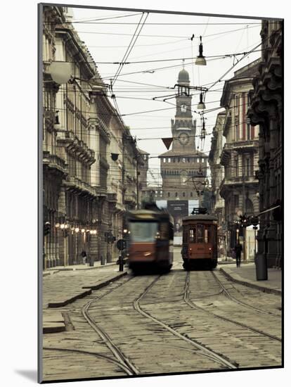 Italy, Lombardy, Milan, Milan Trams on Via Orefici with Castello Sforzesco, Dawn-Walter Bibikow-Mounted Photographic Print