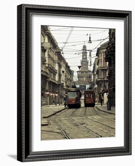 Italy, Lombardy, Milan, Milan Trams on Via Orefici with Castello Sforzesco, Dawn-Walter Bibikow-Framed Photographic Print