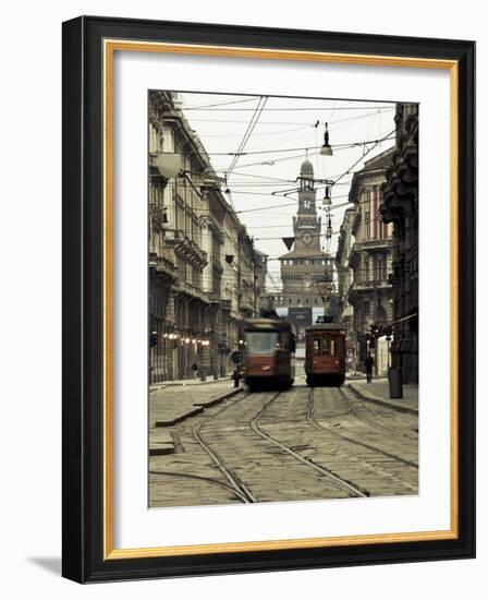 Italy, Lombardy, Milan, Milan Trams on Via Orefici with Castello Sforzesco, Dawn-Walter Bibikow-Framed Photographic Print