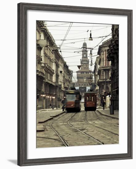 Italy, Lombardy, Milan, Milan Trams on Via Orefici with Castello Sforzesco, Dawn-Walter Bibikow-Framed Photographic Print