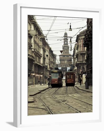 Italy, Lombardy, Milan, Milan Trams on Via Orefici with Castello Sforzesco, Dawn-Walter Bibikow-Framed Photographic Print