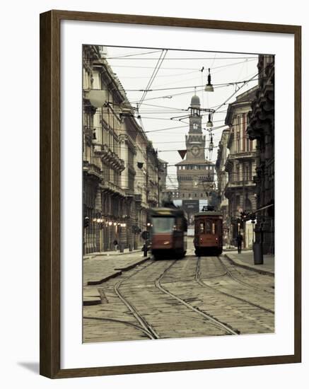 Italy, Lombardy, Milan, Milan Trams on Via Orefici with Castello Sforzesco, Dawn-Walter Bibikow-Framed Photographic Print