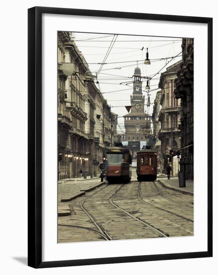 Italy, Lombardy, Milan, Milan Trams on Via Orefici with Castello Sforzesco, Dawn-Walter Bibikow-Framed Photographic Print