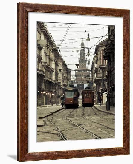 Italy, Lombardy, Milan, Milan Trams on Via Orefici with Castello Sforzesco, Dawn-Walter Bibikow-Framed Photographic Print