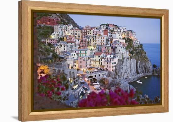 Italy, Manarola. Town and sea at sunset-Jaynes Gallery-Framed Premier Image Canvas