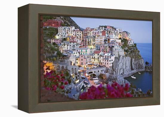 Italy, Manarola. Town and sea at sunset-Jaynes Gallery-Framed Premier Image Canvas