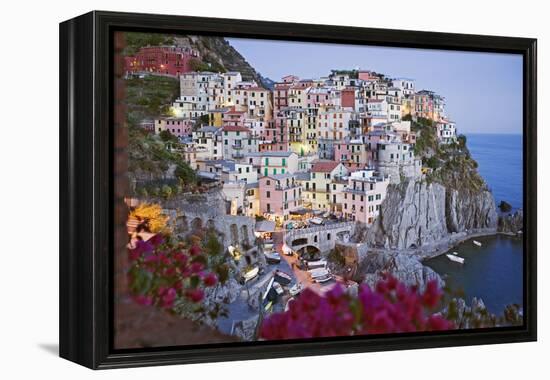 Italy, Manarola. Town and sea at sunset-Jaynes Gallery-Framed Premier Image Canvas