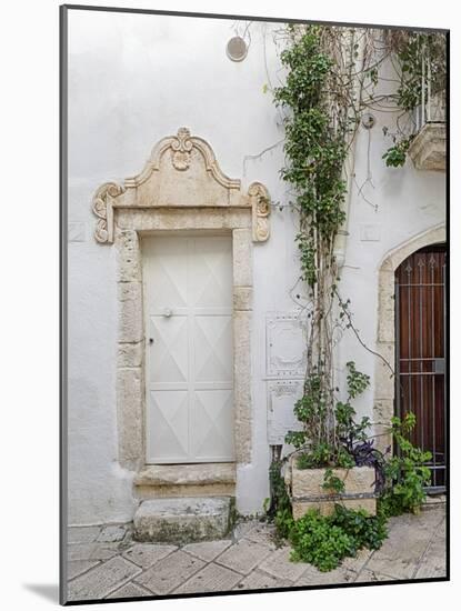 Italy, Puglia, Brindisi, Itria Valley, Ostuni. Potted plants and colorful doors in the white city.-Julie Eggers-Mounted Photographic Print