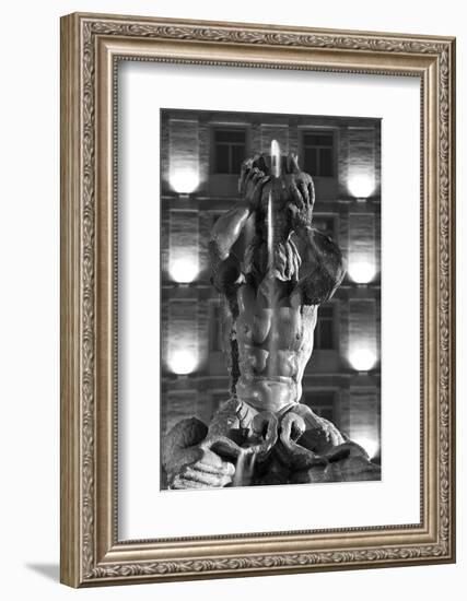 Italy, Rome, Fountain, Fontana Del Tritone, Fountain Figure, Sea God, Detail, Lighting, Night, S/W-Rainer Mirau-Framed Photographic Print