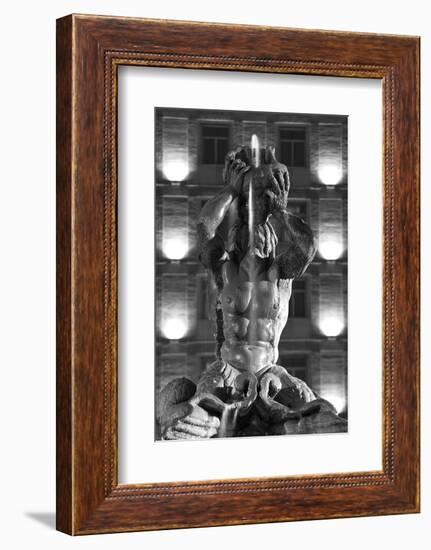 Italy, Rome, Fountain, Fontana Del Tritone, Fountain Figure, Sea God, Detail, Lighting, Night, S/W-Rainer Mirau-Framed Photographic Print