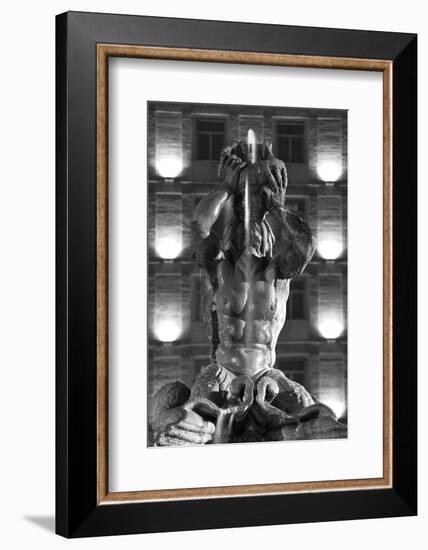 Italy, Rome, Fountain, Fontana Del Tritone, Fountain Figure, Sea God, Detail, Lighting, Night, S/W-Rainer Mirau-Framed Photographic Print