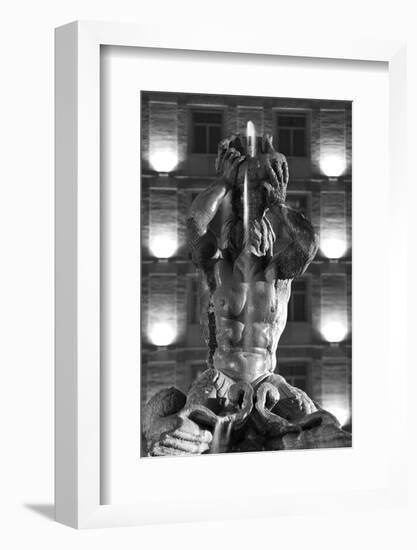 Italy, Rome, Fountain, Fontana Del Tritone, Fountain Figure, Sea God, Detail, Lighting, Night, S/W-Rainer Mirau-Framed Photographic Print