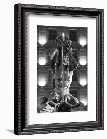 Italy, Rome, Fountain, Fontana Del Tritone, Fountain Figure, Sea God, Detail, Lighting, Night, S/W-Rainer Mirau-Framed Photographic Print