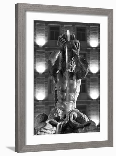 Italy, Rome, Fountain, Fontana Del Tritone, Fountain Figure, Sea God, Detail, Lighting, Night, S/W-Rainer Mirau-Framed Photographic Print