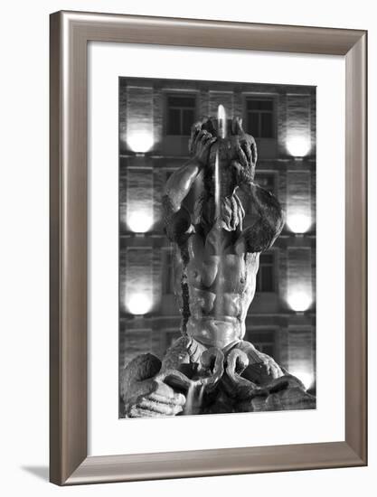 Italy, Rome, Fountain, Fontana Del Tritone, Fountain Figure, Sea God, Detail, Lighting, Night, S/W-Rainer Mirau-Framed Photographic Print