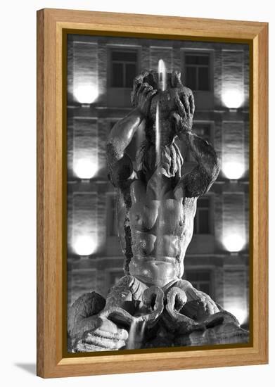 Italy, Rome, Fountain, Fontana Del Tritone, Fountain Figure, Sea God, Detail, Lighting, Night, S/W-Rainer Mirau-Framed Premier Image Canvas