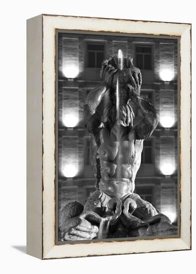 Italy, Rome, Fountain, Fontana Del Tritone, Fountain Figure, Sea God, Detail, Lighting, Night, S/W-Rainer Mirau-Framed Premier Image Canvas