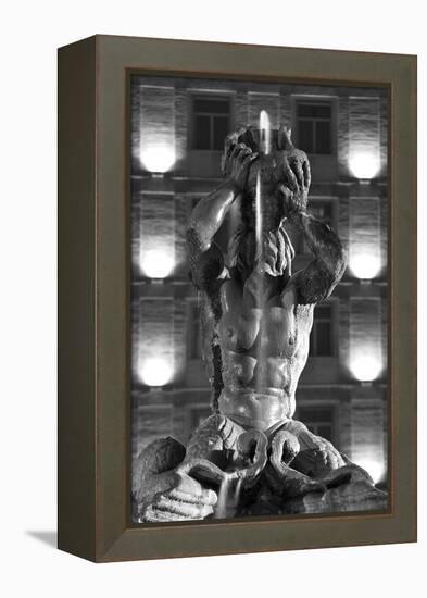 Italy, Rome, Fountain, Fontana Del Tritone, Fountain Figure, Sea God, Detail, Lighting, Night, S/W-Rainer Mirau-Framed Premier Image Canvas