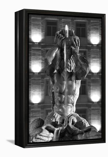 Italy, Rome, Fountain, Fontana Del Tritone, Fountain Figure, Sea God, Detail, Lighting, Night, S/W-Rainer Mirau-Framed Premier Image Canvas