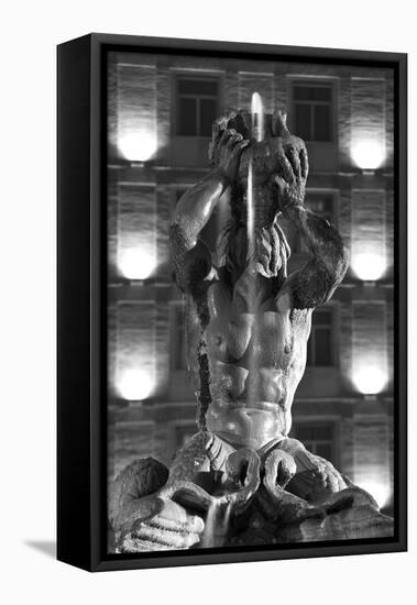 Italy, Rome, Fountain, Fontana Del Tritone, Fountain Figure, Sea God, Detail, Lighting, Night, S/W-Rainer Mirau-Framed Premier Image Canvas